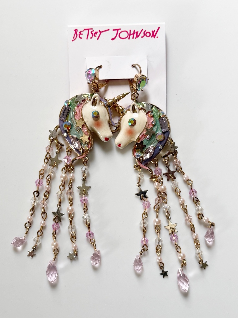 Betsey Johnson Unicorn Whimsical Dangle Chandelier Bead Stars Statement Earrings